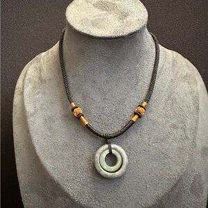 Size 23.5mm Natural Jadeite Jade Green & Grey Color Lucky Family PendantNecklace